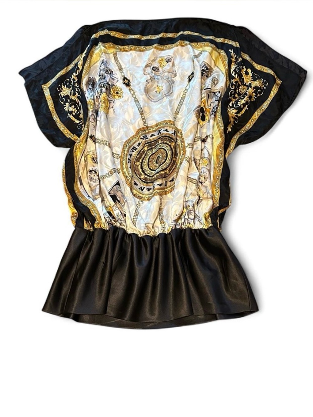 vintage cache white, black, and gold baroque patterned silk top